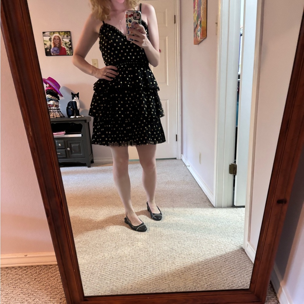 Lulu's Black and Gold Polka Dot Cocktail Sundress